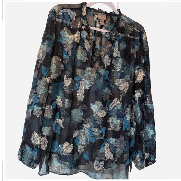Pre-owned Chico's Black and Blue Leaf Print Blouse - Picture 3 of 10